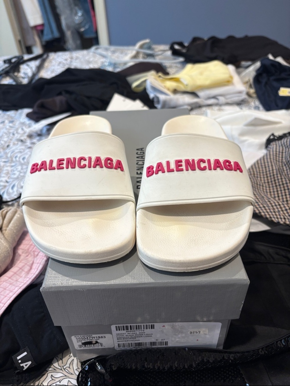 Balenciaga White Slides with Hot Pink Logo